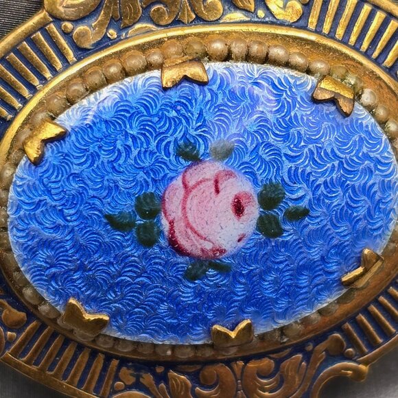VTG Blue Guilloche Enamel w/ Pink Cabbage Rose Floral Pin Brooch 1.75" Gold Tone - Picture 2 of 6